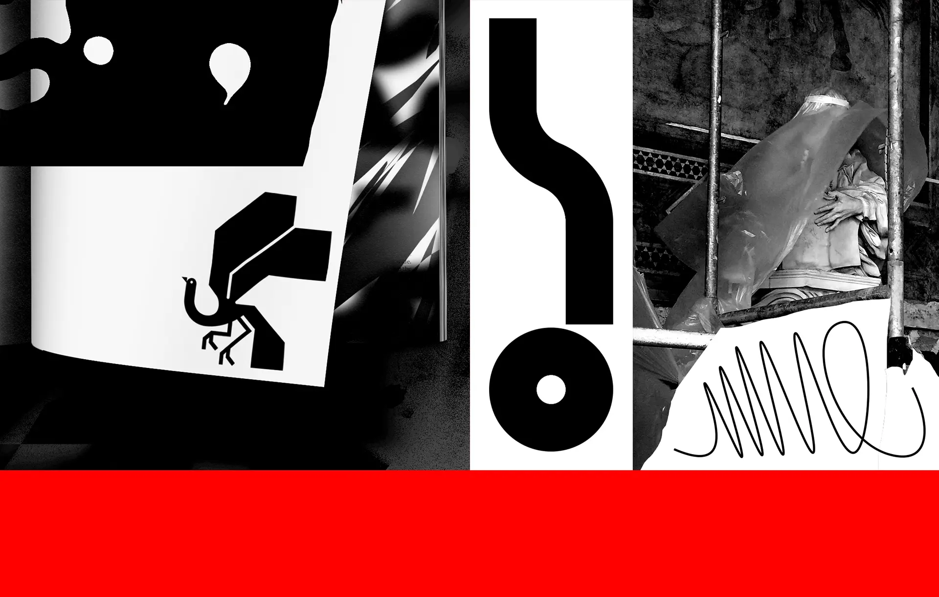 Black and white symbols and a scaffolded statue above a red band.
