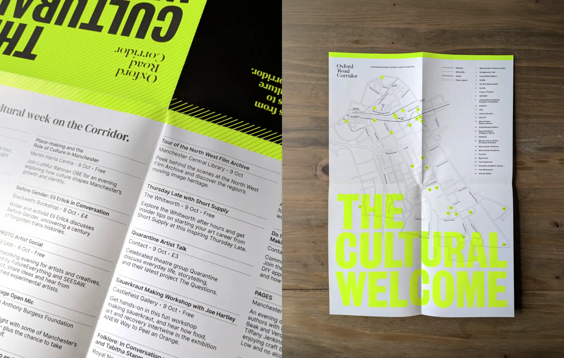 A folded leaflet with fluorescent yellow highlight ink.
